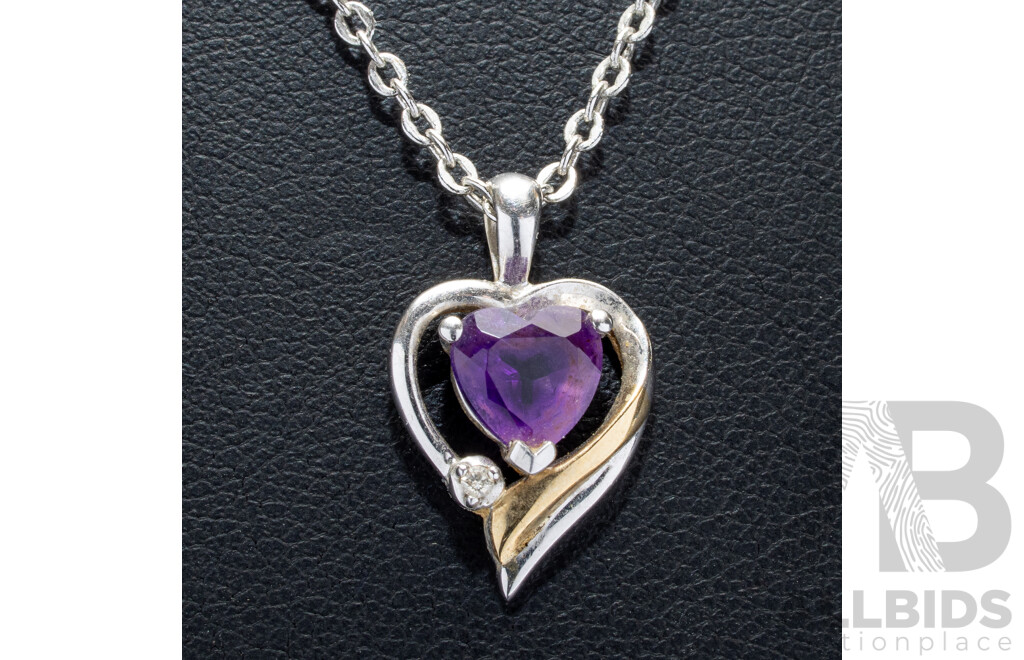 9ct Two Tone Gold Amethyst & Diamond Set Heart Pendant, TDW 0.01ct, 18mm,  1.11 Grams