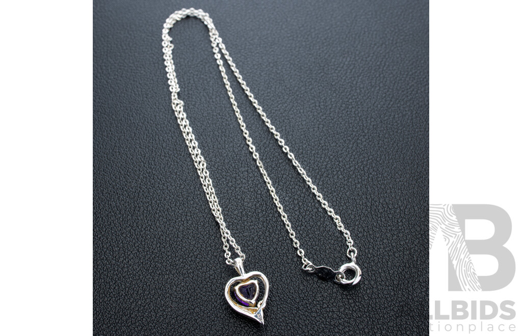 9ct Two Tone Gold Amethyst & Diamond Set Heart Pendant, TDW 0.01ct, 18mm,  1.11 Grams