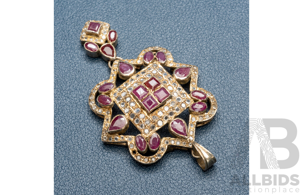Vintage Sterling Silver Natural Ruby & White Topaz Ornate Pendant, 70mm, 15.53 Grams