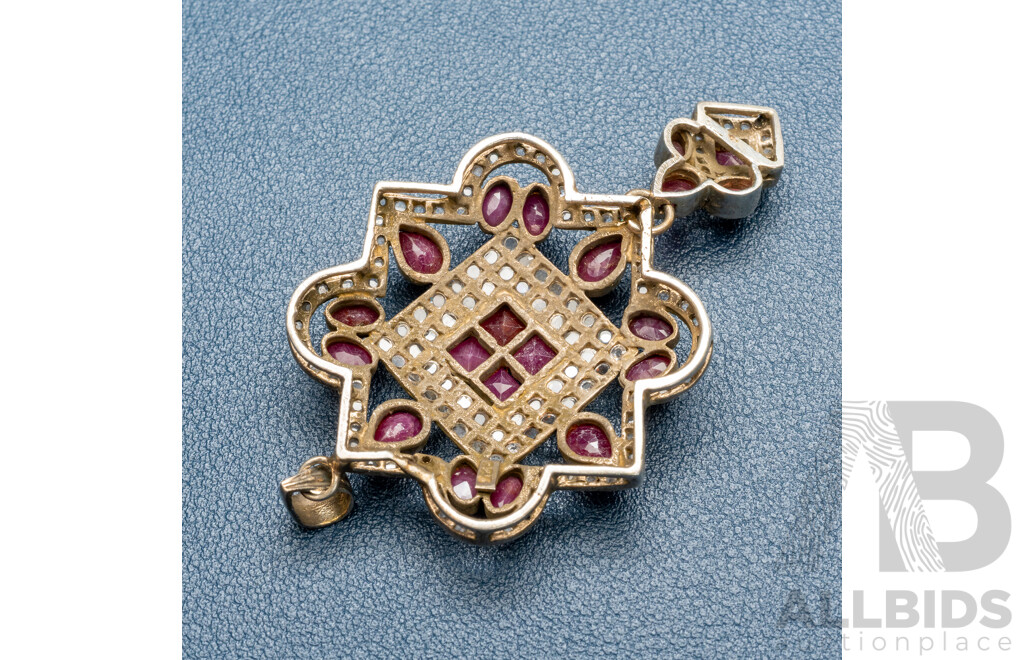 Vintage Sterling Silver Natural Ruby & White Topaz Ornate Pendant, 70mm, 15.53 Grams