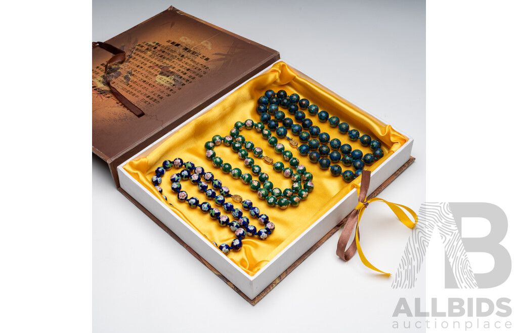 Collection of (3) Vintage Hand Painted Cloissonné Necklaces with Floral Patterning