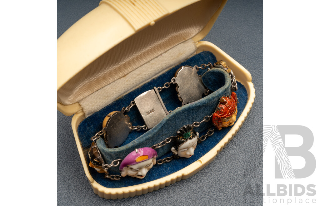 Rare Vintage Toshikane Sterling Silver 'Seven Gods of Fortune' Bracelet, C.1940-1950, Arita Japan