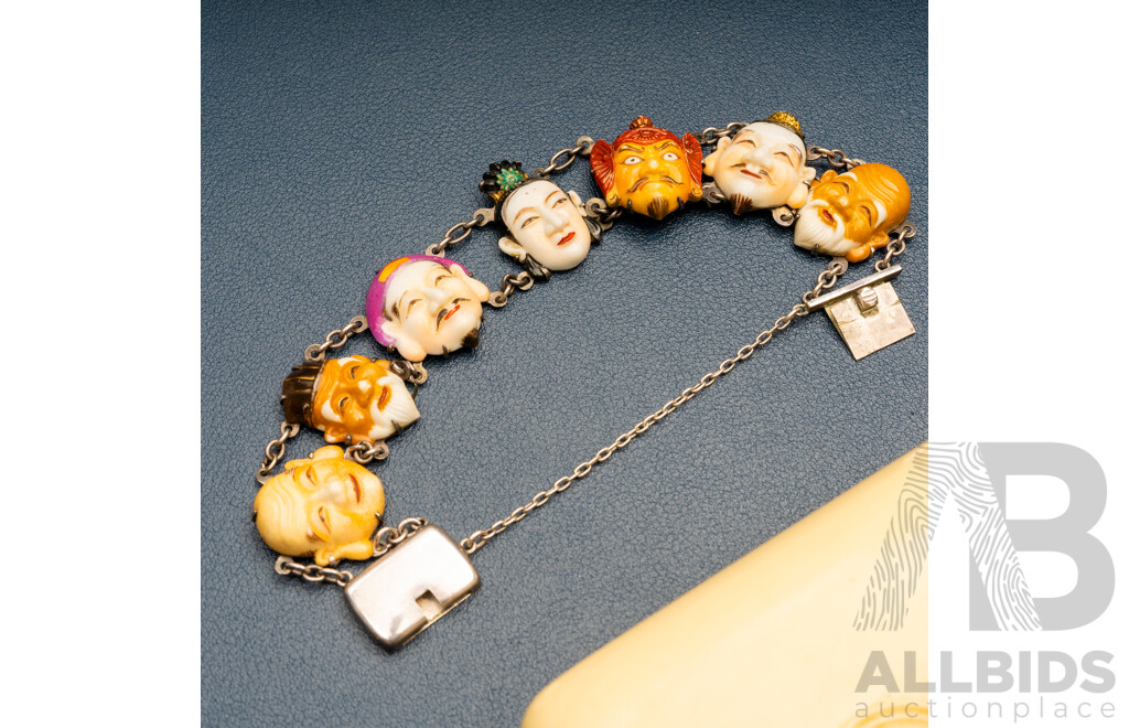 Rare Vintage Toshikane Sterling Silver 'Seven Gods of Fortune' Bracelet, C.1940-1950, Arita Japan