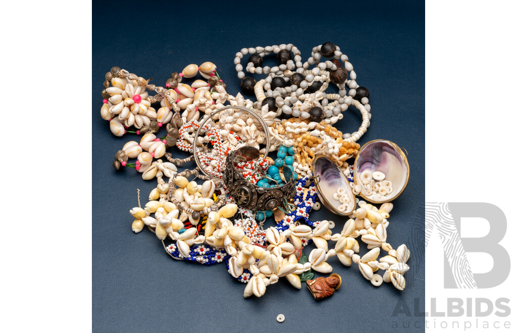 Collection of Vintage Jewellery Incl. Goldstone Happy Buddha, Ornate Siam Cuff, Shell Necklaces & Matador Bull Story Bracelet