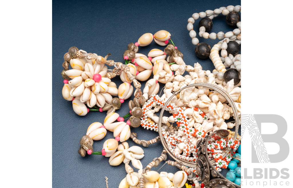 Collection of Vintage Jewellery Incl. Goldstone Happy Buddha, Ornate Siam Cuff, Shell Necklaces & Matador Bull Story Bracelet