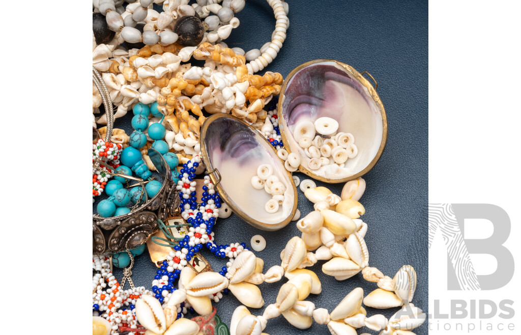 Collection of Vintage Jewellery Incl. Goldstone Happy Buddha, Ornate Siam Cuff, Shell Necklaces & Matador Bull Story Bracelet