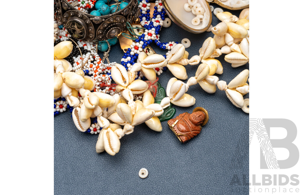 Collection of Vintage Jewellery Incl. Goldstone Happy Buddha, Ornate Siam Cuff, Shell Necklaces & Matador Bull Story Bracelet
