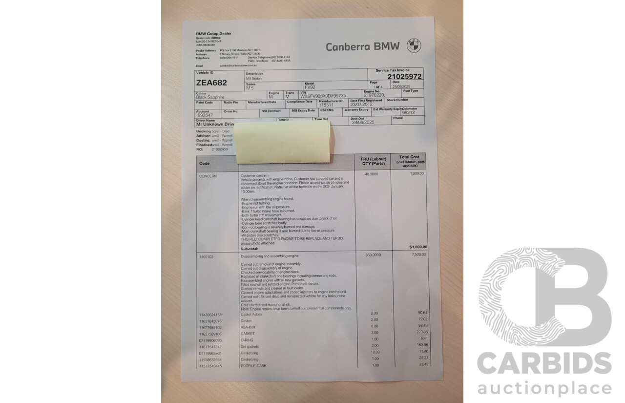 7/2012 BMW M5 F10 MY12 4d Sedan Sapphire Black Metallic Twin Turbo V8 4.4L