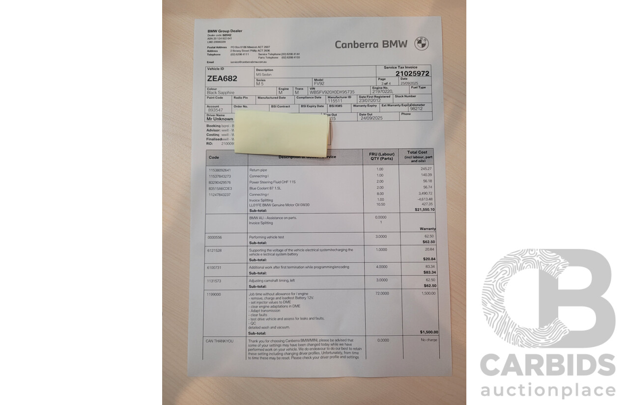 7/2012 BMW M5 F10 MY12 4d Sedan Sapphire Black Metallic Twin Turbo V8 4.4L