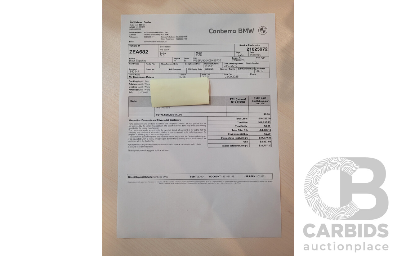 7/2012 BMW M5 F10 MY12 4d Sedan Sapphire Black Metallic Twin Turbo V8 4.4L