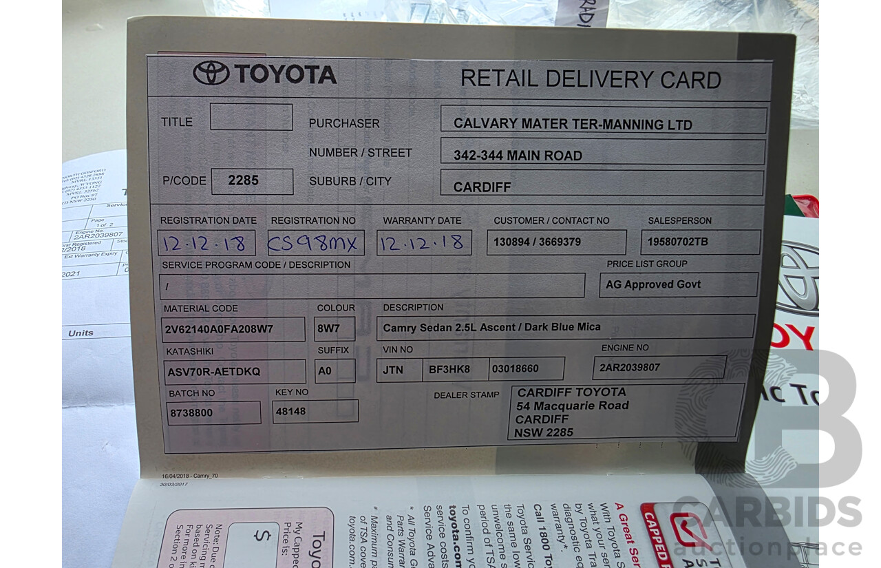 08/2018 Toyota Camry Ascent ASV70R 4D Sedan Dark Blue Mica 2.5L