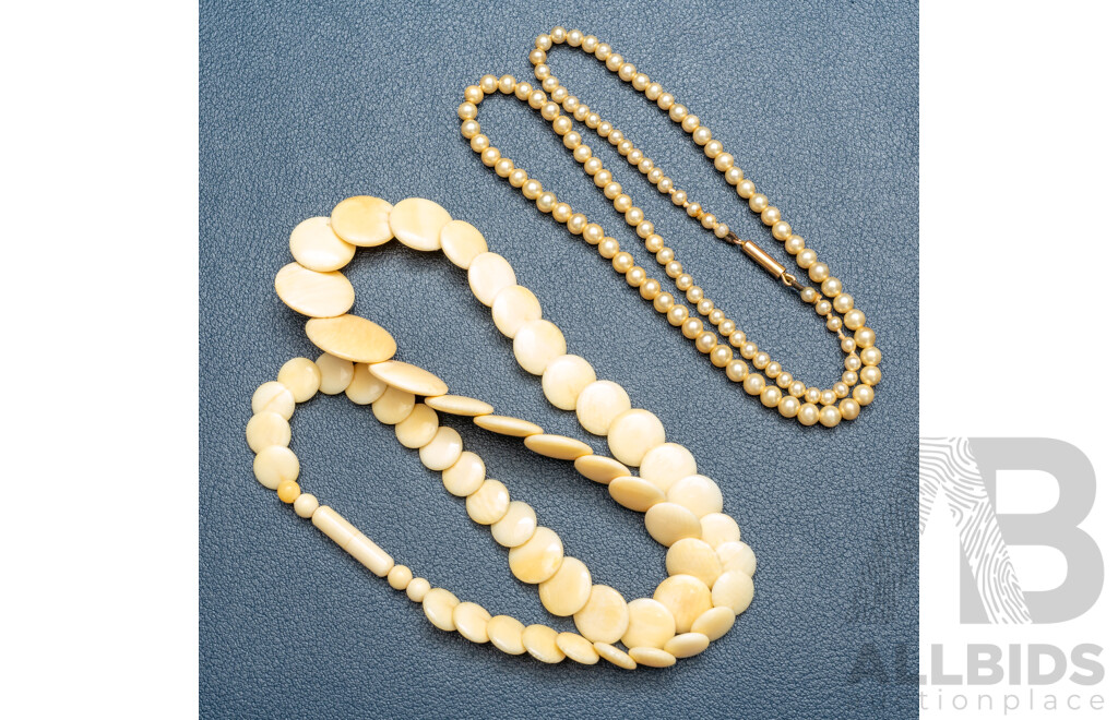 Vintage Ivory Disc Necklace & 9ct Vintage Glass Pearl Necklace