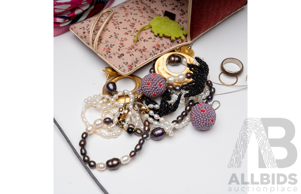 Collection of French Wire Hair Bands, Iced Vo-vo Scarf & Other Scarves, Pearls, Assorted Earrings & Wooden Bead Necklace with Bird