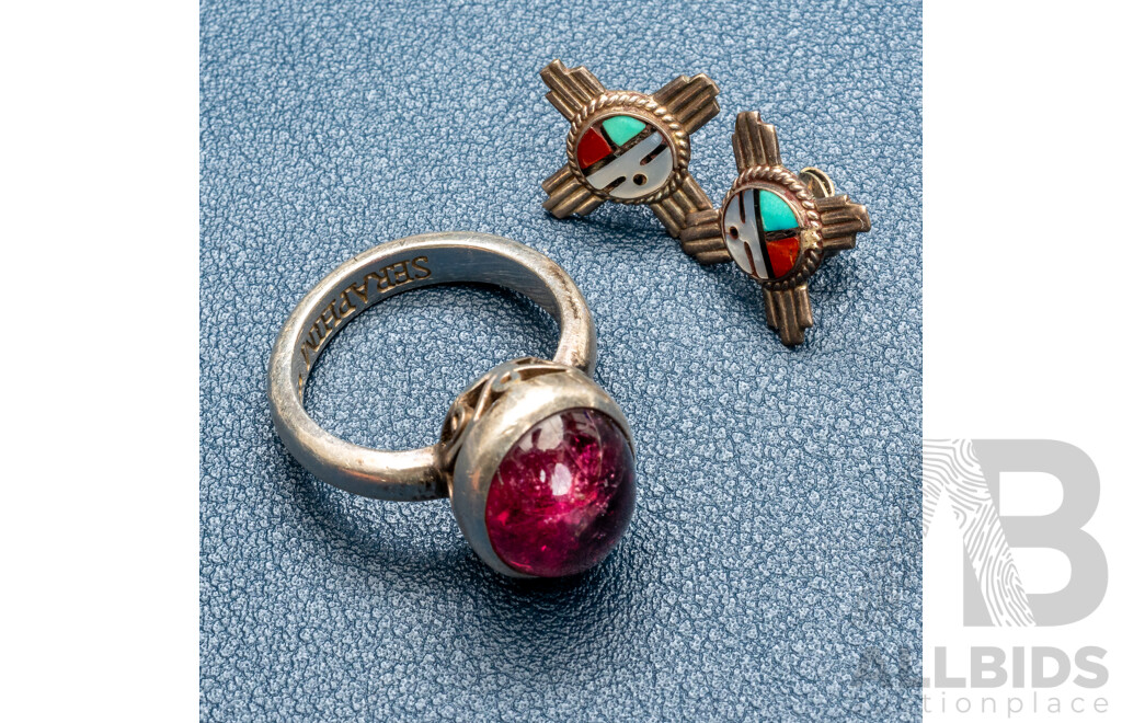 Sterling Silver Garnet Cabochon Ring by Seraphim, Size R & Zuni Zia Stud Earrings, 12.28 Grams