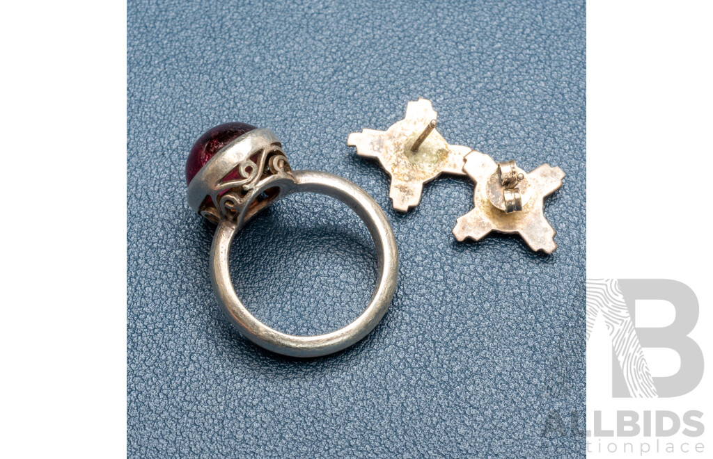 Sterling Silver Garnet Cabochon Ring by Seraphim, Size R & Zuni Zia Stud Earrings, 12.28 Grams