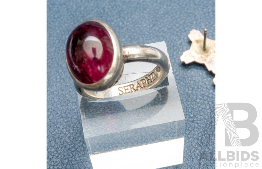 Sterling Silver Garnet Cabochon Ring by Seraphim, Size R & Zuni Zia Stud Earrings, 12.28 Grams