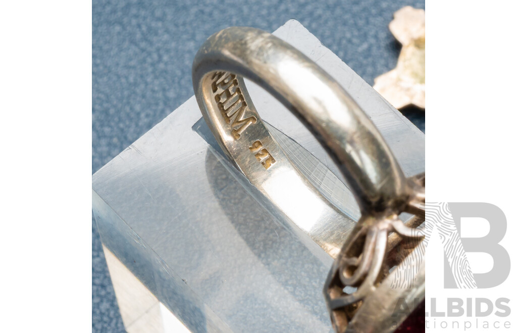 Sterling Silver Garnet Cabochon Ring by Seraphim, Size R & Zuni Zia Stud Earrings, 12.28 Grams