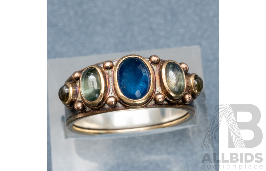 18ct/Sterling Silver Sapphire Gypsy Ring, Size O, 6.13 Grams