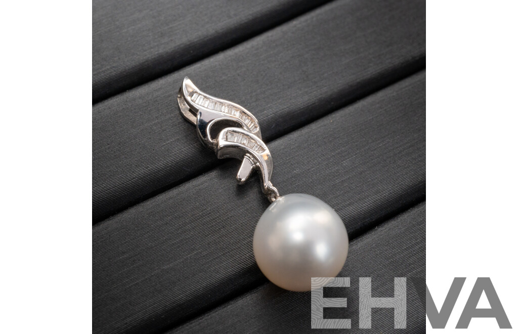 BRAND NEW - 18ct White Gold South Sea Pearl & (0.10ct) Diamond Drop Pendant on 9ct White Gold Necklace (broken), 45cm, 4.83 Grams
