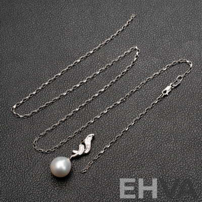 BRAND NEW - 18ct White Gold South Sea Pearl & (0.10ct) Diamond Drop Pendant on 9ct White Gold Necklace (broken), 45cm, 4.83 Grams
