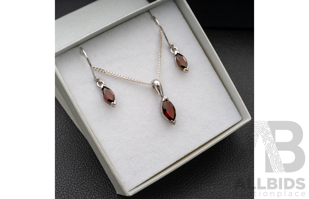BRAND NEW - Sterling Silver Garnet Drop Earrings & Necklace Set, 5.49 Grams