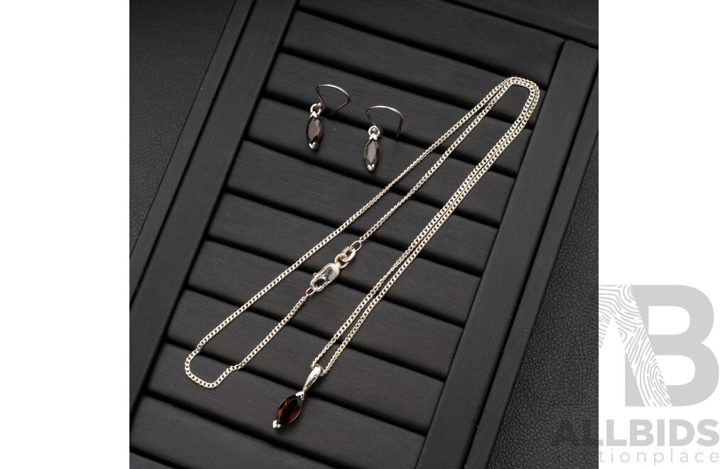 BRAND NEW - Sterling Silver Garnet Drop Earrings & Necklace Set, 5.49 Grams