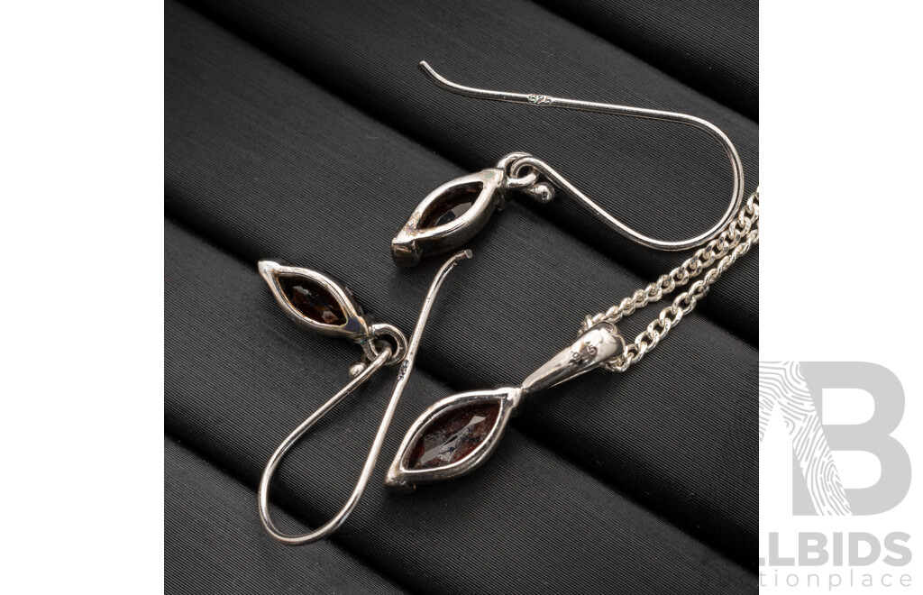 BRAND NEW - Sterling Silver Garnet Drop Earrings & Necklace Set, 5.49 Grams