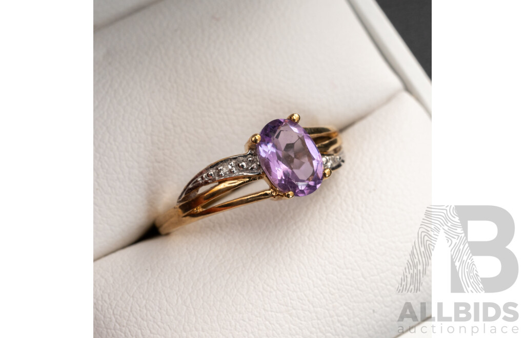 BRAND NEW - 9ct Yellow Gold Amethyst & Diamond Ring, Size N, 1.74 Grams