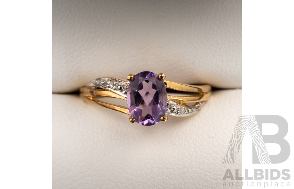 BRAND NEW - 9ct Yellow Gold Amethyst & Diamond Ring, Size N, 1.74 Grams