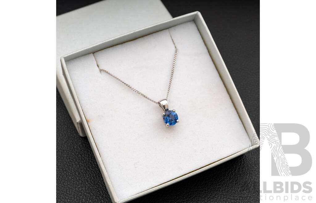 BRAND NEW - 9ct White Gold Ceylon Sapphire Pendant & Necklace, 6mm, 45cm, 2.66 Grams