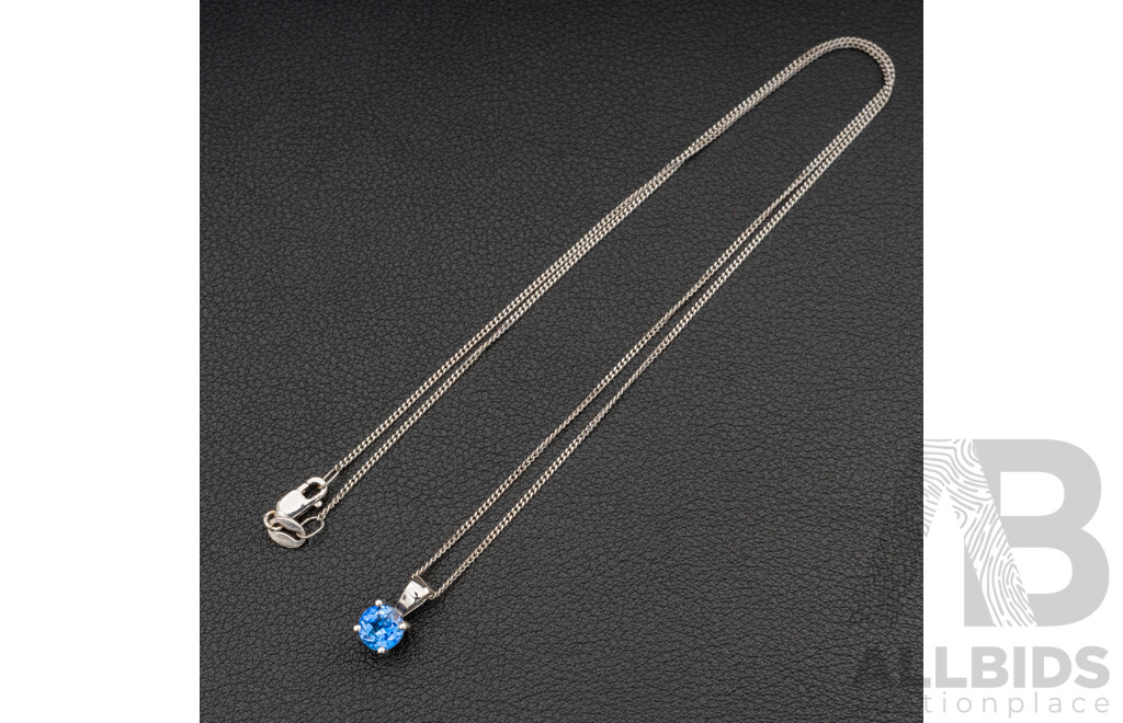 BRAND NEW - 9ct White Gold Ceylon Sapphire Pendant & Necklace, 6mm, 45cm, 2.66 Grams