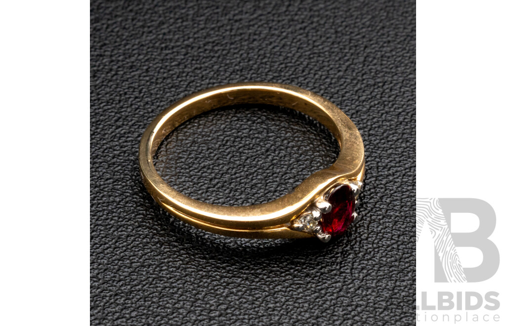 BRAND NEW - 9ct Yellow Gold Ruby & Diamond Ring, TDW0.03ct, Size O, 2.57 Grams
