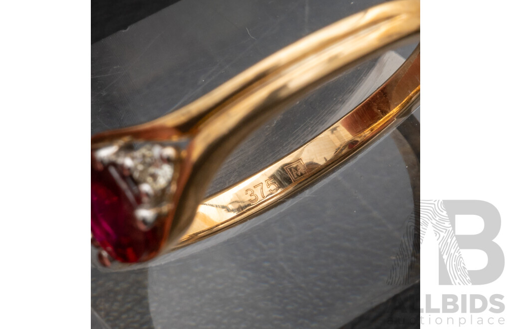 BRAND NEW - 9ct Yellow Gold Ruby & Diamond Ring, TDW0.03ct, Size O, 2.57 Grams