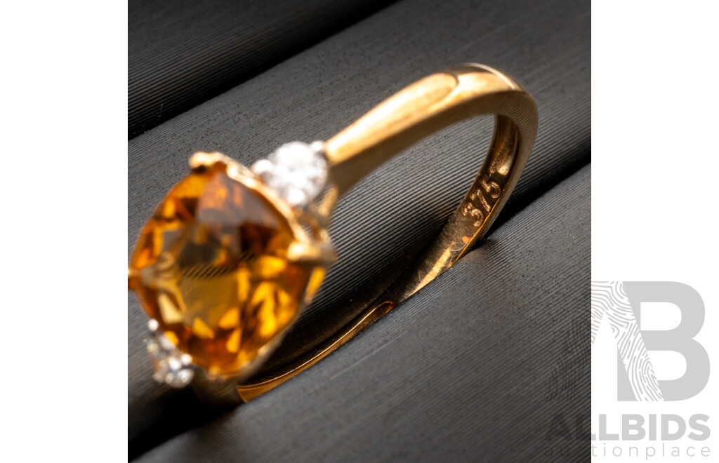 BRAND NEW - 9ct Yellow Gold Citrine & Diamond Ring, TDW0.05ct, Size N, 1.93 Grams
