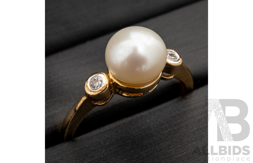 BRAND NEW - 9ct Yellow Gold Cultured Pearl & Diamond Ring, TDW0.03ct, Size O, 2.36 Grams