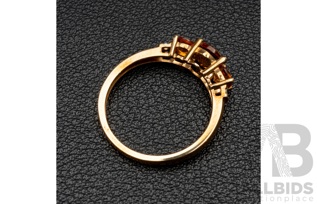 BRAND NEW - 9ct Yellow Gold Citrine & Diamond Trilogy Ring, TDW0.04ct, Size N, 1.84 Grams