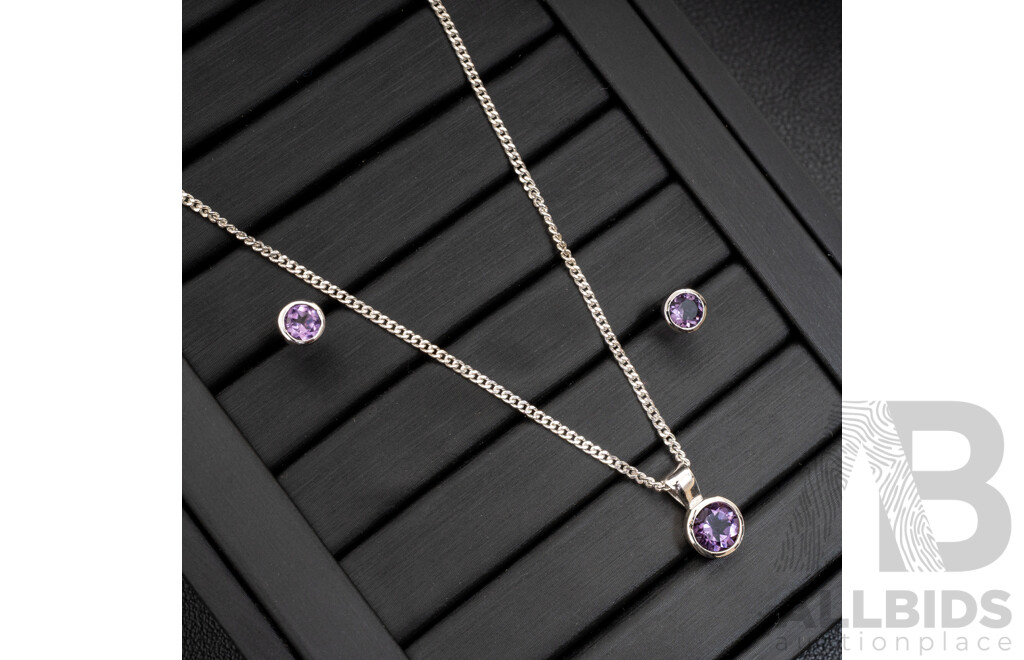 BRAND NEW - Sterling Silver Amethyst Stud Earrings & Necklace Set, 7.09 Grams