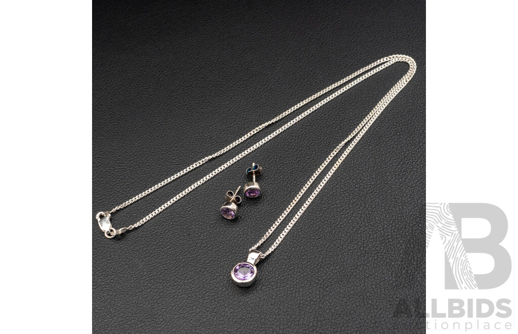 BRAND NEW - Sterling Silver Amethyst Stud Earrings & Necklace Set, 7.09 Grams