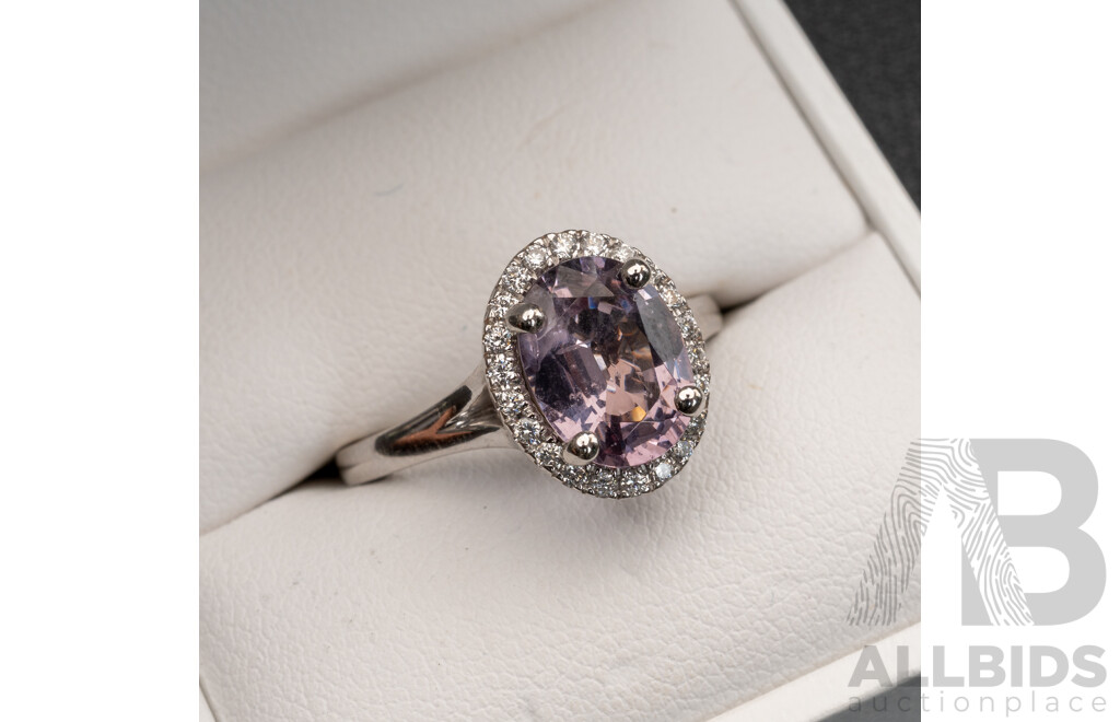 BRAND NEW - 18ct White Gold Mauve Pink Spinel & Diamond Halo Ring, S2.51ct/TDW0.25ct, Size N, 6.39 Grams
