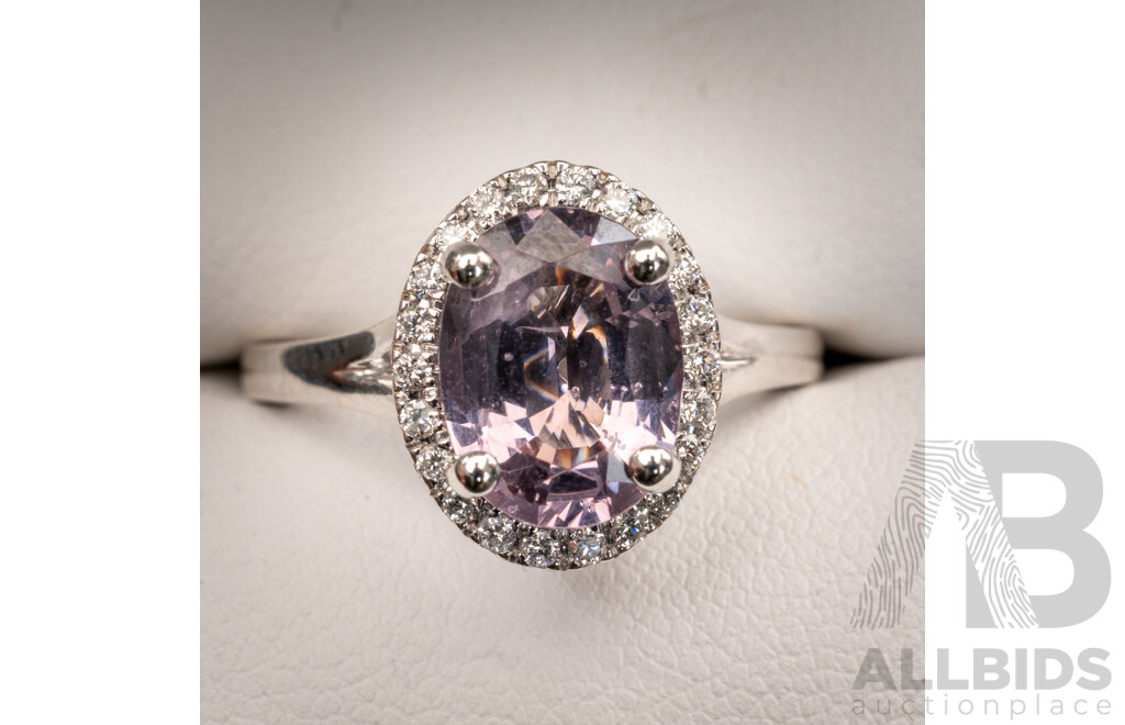 BRAND NEW - 18ct White Gold Mauve Pink Spinel & Diamond Halo Ring, S2.51ct/TDW0.25ct, Size N, 6.39 Grams