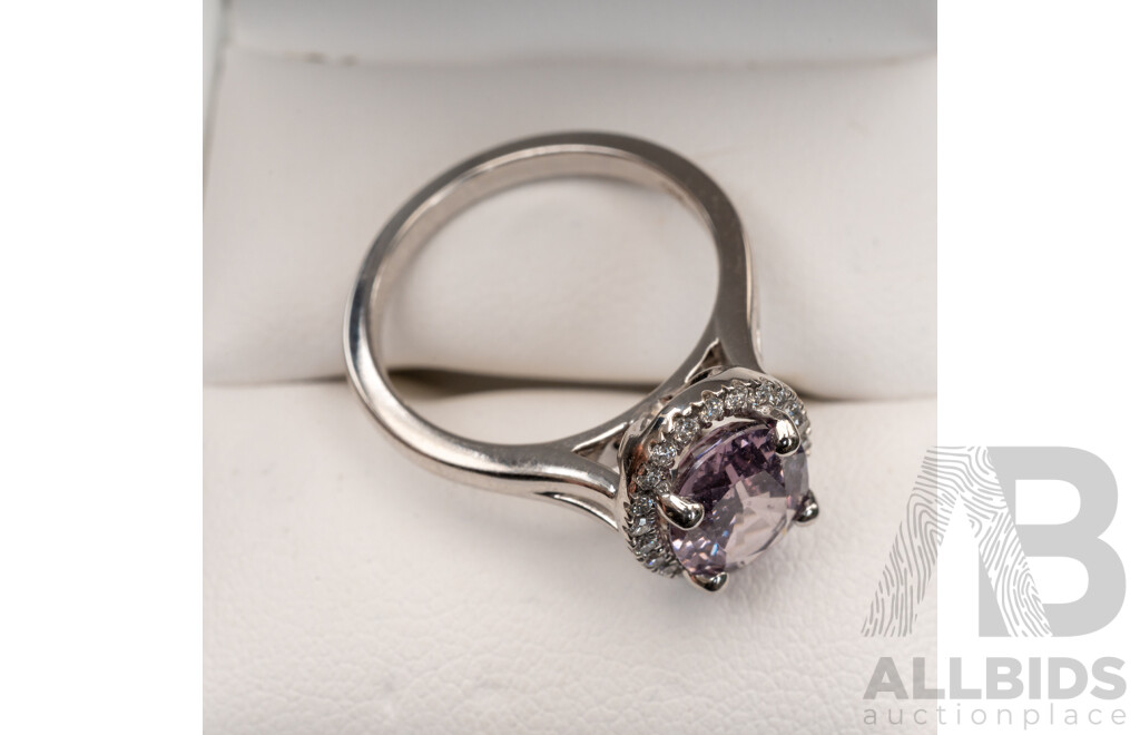 BRAND NEW - 18ct White Gold Mauve Pink Spinel & Diamond Halo Ring, S2.51ct/TDW0.25ct, Size N, 6.39 Grams