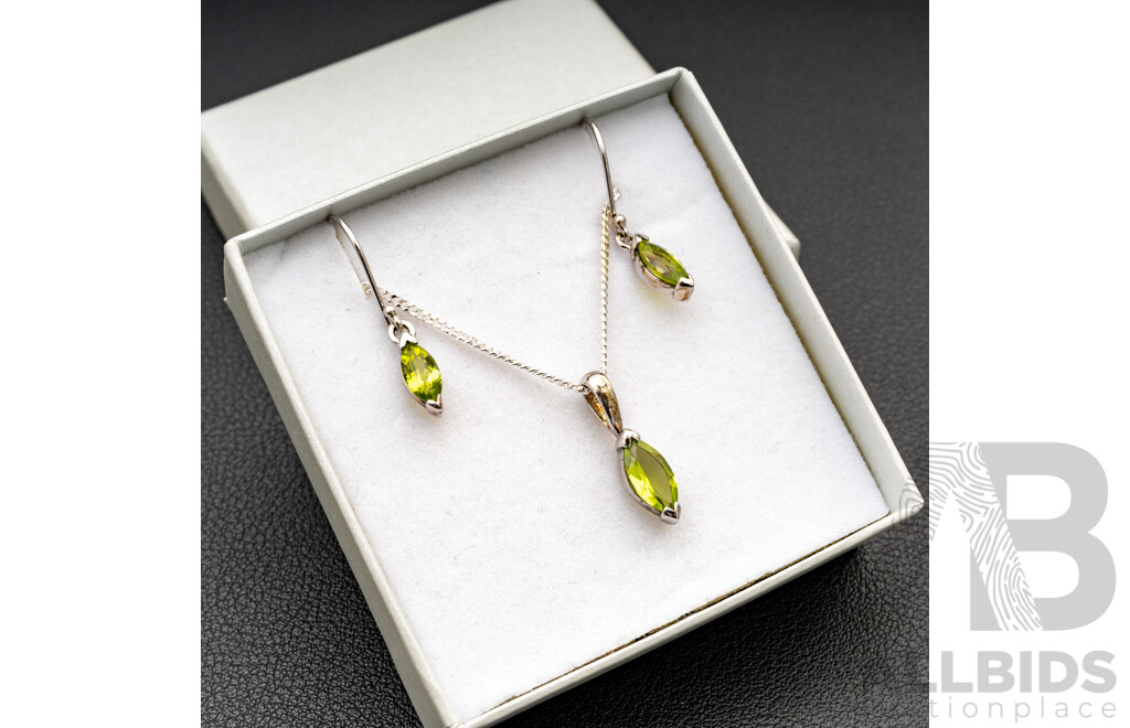 BRAND NEW - Sterling Silver Peridot Drop Earrings & Necklace Set, 5.53 Grams