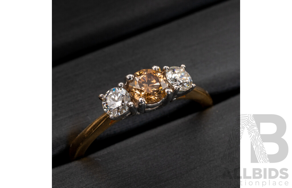 BRAND NEW - 18ct Yellow & White Gold Argyle Australian Chocolate Diamond Trilogy Ring, TDW0.75ct, Size O, 3.52 Grams