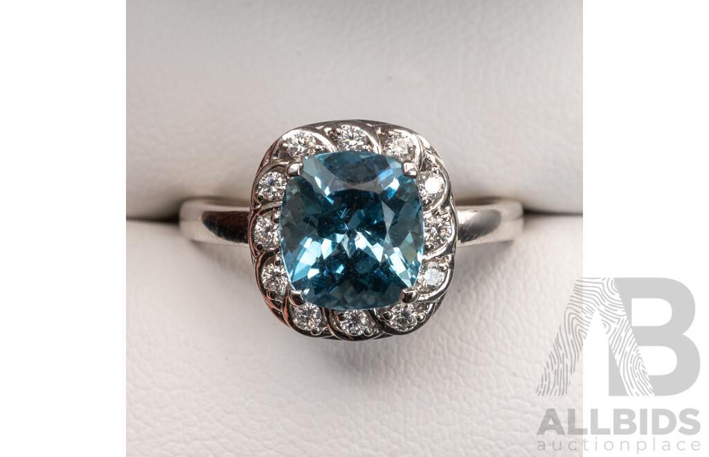 BRAND NEW - 14ct White Gold Aquamarine & Diamond Halo Ring, S2.13ct/TDW0.25ct, Size N1/2, 4.05 Grams