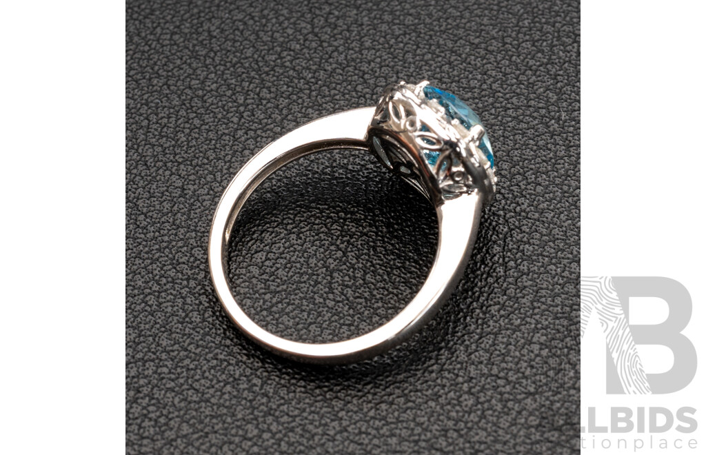 BRAND NEW - 14ct White Gold Aquamarine & Diamond Halo Ring, S2.13ct/TDW0.25ct, Size N1/2, 4.05 Grams