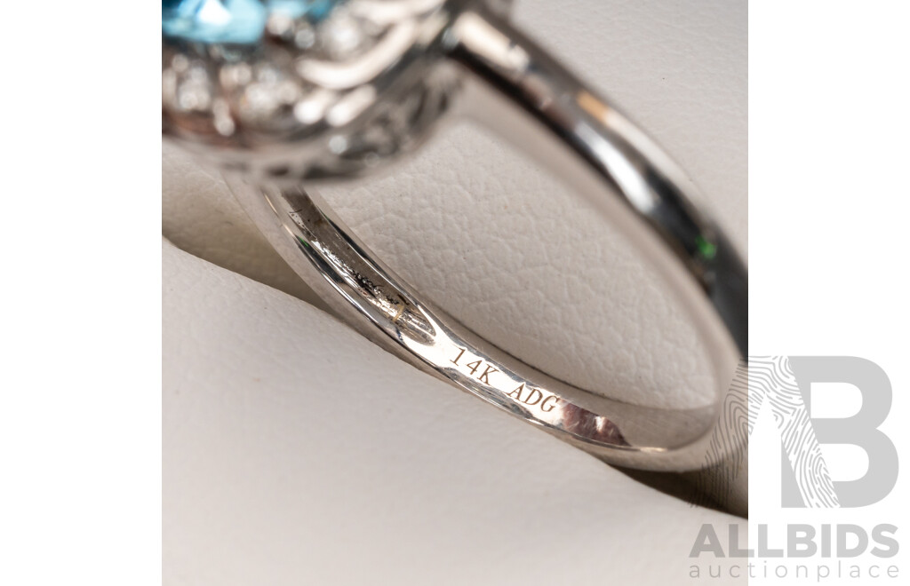 BRAND NEW - 14ct White Gold Aquamarine & Diamond Halo Ring, S2.13ct/TDW0.25ct, Size N1/2, 4.05 Grams