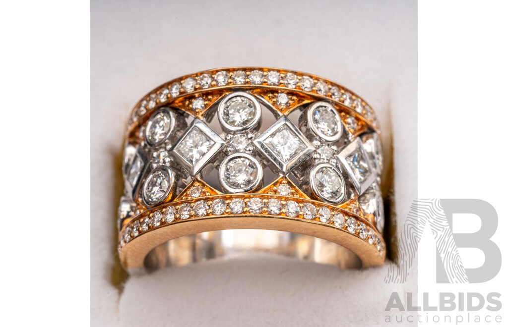 BRAND NEW - 18ct White/rose Gold Diamond Set Band, TDW 2.10ct, Size O, 16.90 Grams