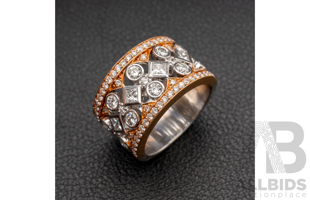 BRAND NEW - 18ct White/rose Gold Diamond Set Band, TDW 2.10ct, Size O, 16.90 Grams
