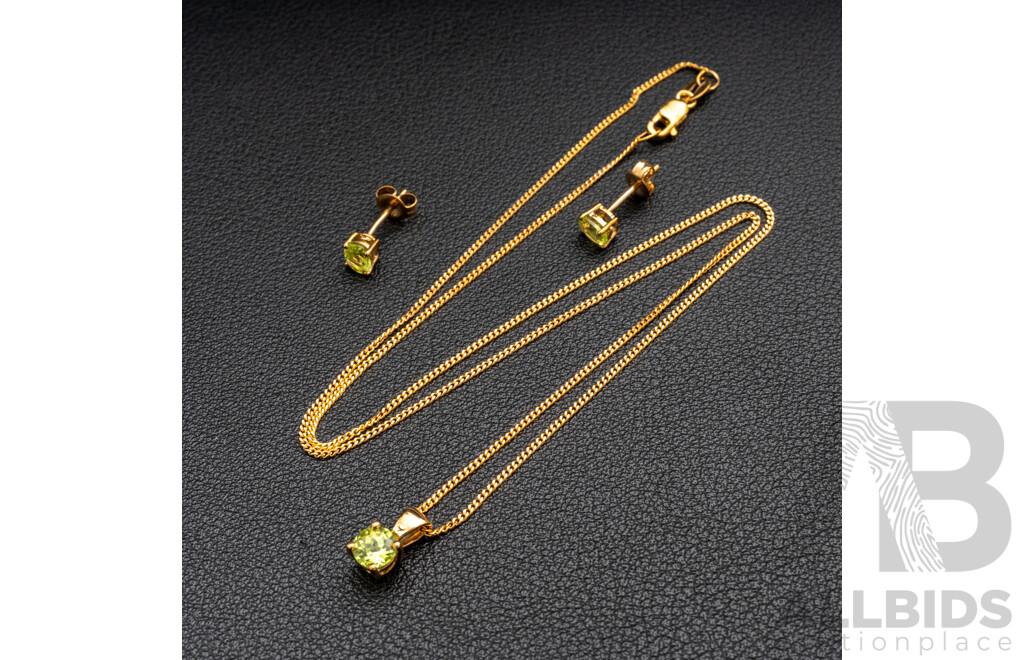BRAND NEW - 9ct Yellow Gold Peridot Stud Earrings & Necklace Set, 2.80 Grams