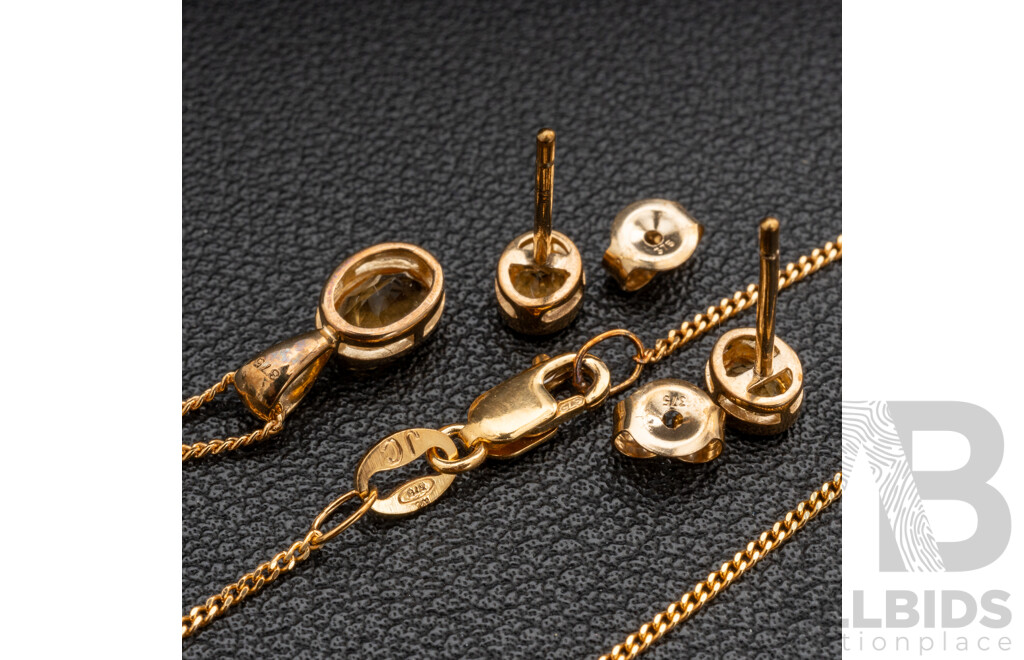 BRAND NEW - 9ct Yellow Gold Citrine Stud Earrings & Necklace Set, 2.92 Grams